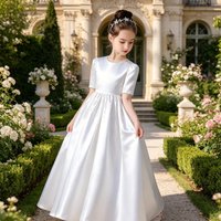Customized White Flower Girl Dress For Wedding Bow Half Sleeve Floor Length Elegant Kids Birthday Party First Communion Gown
