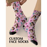 Custom Couple Face Socks Personalized Pink Photo Socks 2 Faces Printed Funny Socks Anniversary Valentine Gift