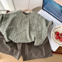 Kids Floral Stand Collar Shirt & Shorts 2Pcs, Summer Casual Breathable Linen Cotton Children Outfit for Boys