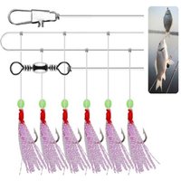 1 Pack (6pcs) Luminous Fishing Sabiki Flasher Rigs 6 Arm Hooks Red White Fish Skin Sea Freshwater Fishing Rigs With Swivel Snap