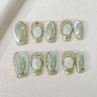 10pcs Short Trapezoid Handmade Press On Nails Kit, Cyan Fake Nails, Noble Elegant Wearable Nail Art, Shining Dots