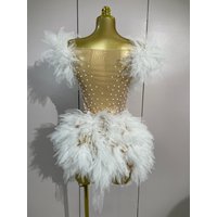 Elegant White Mesh See-Through Mini Dress Sexy Sparkly Rhinestone Off The Shoulder Eveing Party Birthday Nightclub Stage Costume