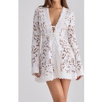Elegant Lace Embroidery Hollow Beach Dress V-neck Long Sleeve Sexy White Short Dress Lady Fashion Hight Waist Tie-Up Party Dress