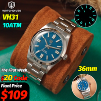 Watchdives WD1016 V3 36mm Zegarek Vintage VH31 Sweep Quartz Męski Emaliowany Niebieski K1 Szkło Bąbelkowe Szafirowe Luminescencja 10ATM Relojes