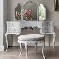 Nordic French white retro old dresser solid wood carving flower makeup mirror makeup stool makeup table European home