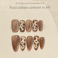 10pcs Pure Hand Pressed Square/Almond Nail Art,Nice Fake Nails,Shinny Brown Cat's Eye With Leopard Print,Ideal For Women