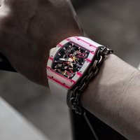 CRONUSART Men Tourbillon Watch Tonneau 50mm Tonneau Mechanical Wristwatch Carbon Fiber Luminous Fluororubber Strap Skeleton Dial