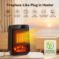 Portable Electric Space Heater 1000W PTC Ceramic Fan Heater with Flame Ambient Light 4 Timer ECO Mode for Bedroom Office Desk