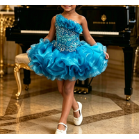 Glam One Shoulder Ruffle Trim Kids Formal Dress Sparkle Crystal Embellished Bodice Voluminous Glitter Tulle Skirt Birthday Gown