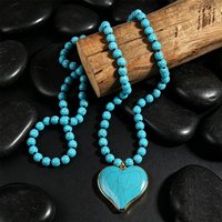 8mm Turquoise Beaded Knot Necklace with Love Pendant for Women Gift Length 86cm-88cm