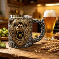 450ml/15oz Viking Berserker Bear Beer Mug, 3D Roaring Bear Coffee Cup, Resin Tankard with Stainless Steel Liner, Gothic Drinking