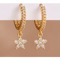 2PCS Delicate Zircon Flower Dangle Earrings For Woman 14K Gold Plated Stainless Steel Premium Daily Cartilage Piercing Jewelry
