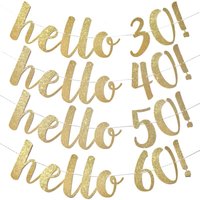 hello 30 40 50 60 paper Gold Glitter Banner Garland for Adult Birthday Anniversary 30th 40th 50th 60th Birthday Party Decoration