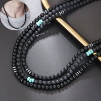 Black Frosted Lava Stone Beaded Necklace Men Jewelry Femme Natural Stone Choker Necklaces Classic Party Jewelry Gift Lava Stone