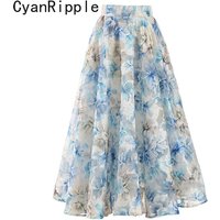 High Quality New Spring Summer Organza Printing Fairy Skirt All-match High Waist Big Bottom Elegant Mesh Splicing Pleated Skirts