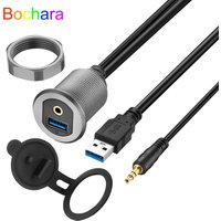 Bochara Dashboard USB 3.0+3.5mm Jack Male to Female Extension Cable Flush Mount Panel Aluminum Alloy with indicator light