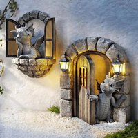 Dinosaur Climbing Window Gnome Statue Resin Figurine Reading Dwarf Open Door Ornament Outdoor Garden Yard Home Decor Craft Gift