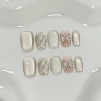 10Pcs Short Ballet Press on Handmade Nails Full Cover Shiny Cat Eye Finished Nails Set Wearing Fashion Summer Rhinestone Nails