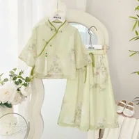 2026 summer girls Clothes Child set thin ancient costume Teen mesh Chinese floral shirt top +wide leg pants 4 8 10 12 14 years