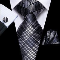 Hi-Tie Grey Pink Red Plaids Geometric Tie For Men Hanky Cufflink Set Fashion Black White Necktie Business Wholesale