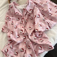 2025Pink Hello Kitty Pajama Set Anime Cartoon Striped Short Sleeve Shirt Pants Set Girls Summer Home Furnishings Holiday Gift