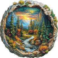 3D Wooden Circular Puzzle - Green Forest Sunset Scene, Family Game Activities, Wooden Home Decoration Gifts