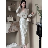 New Luxury High End Autumn Two Piece Set Women Elegant Lapel Long Sleeve Short Jacket + Fashion Jacquard Sling Dress Party Suit