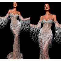 Sexy Strapless Crystal Prom Dresses Sparkly Sequined Tassels Evening Dress Customized Floor Length Beaded Party Cocktail Gown