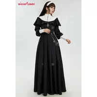 MICCOSTUMES Gothic Halloween Nun Style Dress Retro Black Long Dress with Shawl and Necklace Waist Belt Cosplay Costume