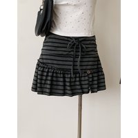 Deeptown Harajuku Striped Skirt Women Japanese Style Vintage Gothic Ruffle Mini Skirt Grunge Spicy Girl Punk Slim Short Skirts