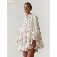 Clacive Fashion Loose Print Shorts Sets For Women 2 Pieces Elegant Long Sleeve Pleated Shirt With High Waist Shorts Set Female