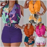 New Fashion Shorts Sets Women's Sexy Sleeveless Halter Top Printed Shorts 2-Piece Sets Summer Elegant Office Lady Commuting Suit