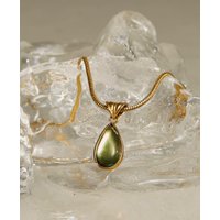 Neckace Delicate Gold Plated Pendant Necklace for Women. Featuring Natural Green Stone Teardrop. Everyday and Party Jewelry