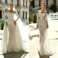 Luxury Mermaid Wedding Dresses Appliques Beading Lace Long Sleeve Bridal Gown Customized Dismountable Train Vestido De Noiva