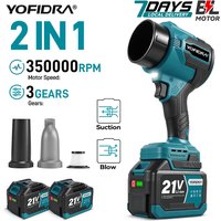 YOFIDRA 2W1 350M/S Bezszczotkowy Elektryczny Wentylator Turbo, Bezprzewodowy Wentylator Jetowy do Odsysania i Odszczepiania Liści i Śniegu, Narzędzia Elektryczne do Akumulatorów Makita 21V