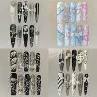 Y2K Spicy Girl Handmade Long Coffin Stilettos Press On Nail Metal Skull Hand Diamond Bowknot Flower Wing Musical Notes Fake Nail