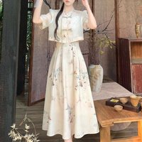 New Chinese Style Improved Hanfu 2 Piece Dress Set Floral Print Short Sleeve Top Summer Casual Outfit