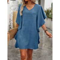 Women's short-sleeved dress 2026 summer pure color loose ruffle fluttering V-neck dress