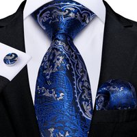 Royal Blue Silver Paisley Silk Ties For Men 8cm Formal Business Wedding Necktie Set Handkerchief Cufflinks Gift For Men DiBanGu