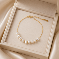 Dainty 18K Gold Plated Freshwater Pearl Bracelet for Women Elegant Seven Pearl Beaded Thin Link Chain Adjustable Gift Jewelry