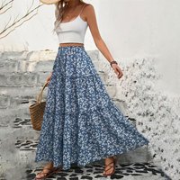 Women High Waist Floral Print A-Line Three Tiered Maxi Skirt Long Ruffle Trim Boho Summer Vacation Holiday Skirt Vestidos