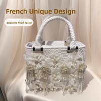 Handmade Crystal Pearl Lace Fairy Tassel Flower Beaded Small Square Handbag Evening Crossbody Bag Elegant Fashion Accessory