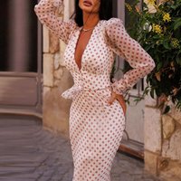 Elegant Lady Ruffles Long Skirts Set Sexy Deep-V Polka Dot Print Tops&Half Skirts Set Summer Fashion Slim Commute Two Piece Sets