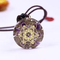 Natural Amethyst Orgonite Necklace Metatron Cube Resin Pendant Cosmic Energy Center Sign Pendant Magic Hexagram Choker Jewelry