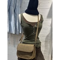Six Buttons Army Green Slim Tank Top Woman Summer U Collar Sleeveless Cotton Vest American Vintage Streetwear Basic Tops New