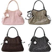 BadBlue Embroidered Leopard Print Tote Bag Large Capacity Shoulder Bag with Star Mirror Pendant Y2K Trendy Women Handbag