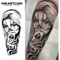 Poker Female Clown Temporary Tattoo,Lasts To 15 Days New Technology Magic Waterproof Semi Permanent Sticker.