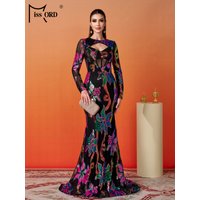 Missord New Floral Round Neck Long Sleeved Sequin Mermaid Evening Gown Wedding Birthday Party Luxury Formal Occasion Dress