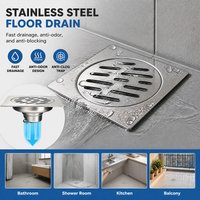 Stainless Steel Shower Floor Drain Anti-Odor Square Bathroom Waste Drainer Large Displacement Hair Strainer Cesspipe Grate