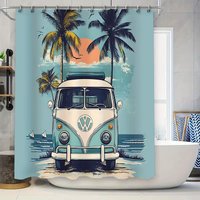 Tropical Sunset Volkswagen Van Shower Curtain - Vintage Beach Style Home Decor - Waterproof and Durable Fabric for Bathroom